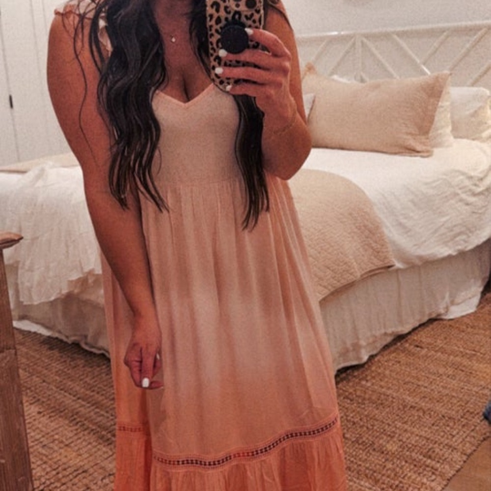 Hem & Tread Peach Sleeveless Maxi Ruffled Dip Dyed Dress - Size Large